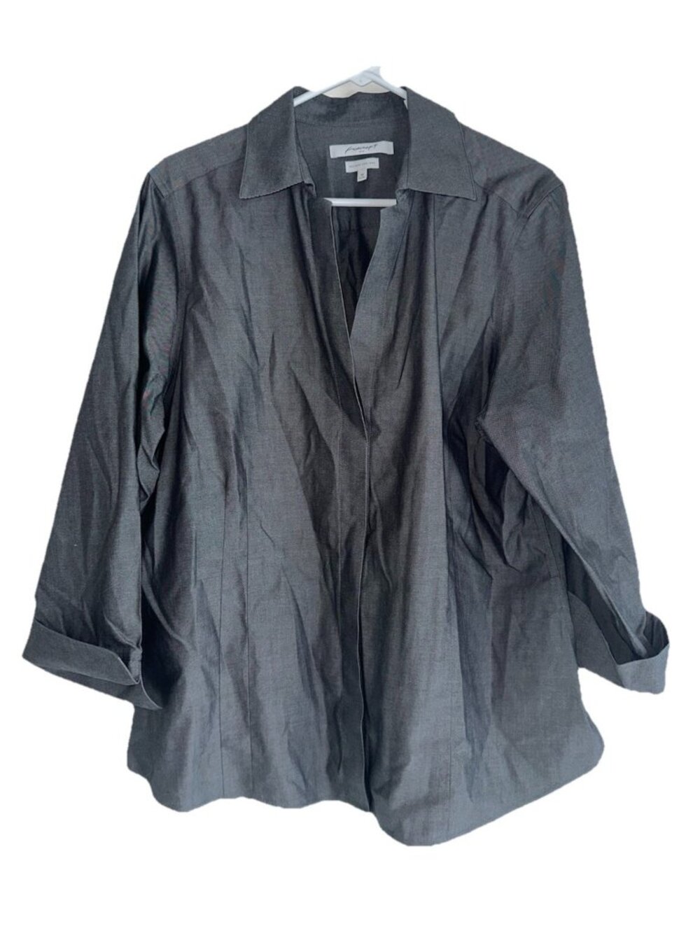 Foxcroft Plus Heritage Non-Iron Shirt Button Fitted 3/4 Sleeve Gray Cotton 18